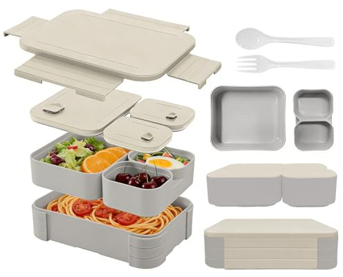 Vyranut Fiambrera Bento 3-en-1 1760ml – Lunch Box Modular Hermética Antifugas, Sin BPA, Compatible con Microondas y Lavavajillas – Set Completo con Cubiertos Incluidos (Gris)