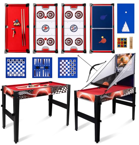 Hyner Table multijeux 14en1 122cm Billard Ping Pong Air Hockey Basket | Table Multi-Jeux,Bowling, Échecs,Tir à l'arc.Plateaux empilables, bois robuste,accessoires inclus,idéal pour famille.