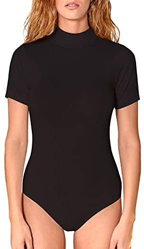 VEDATS Damen Body Kurzarm Halbkragen Turtleneck Bodysuit Top T-Shirt Unterhemd (XL, Schwarz)