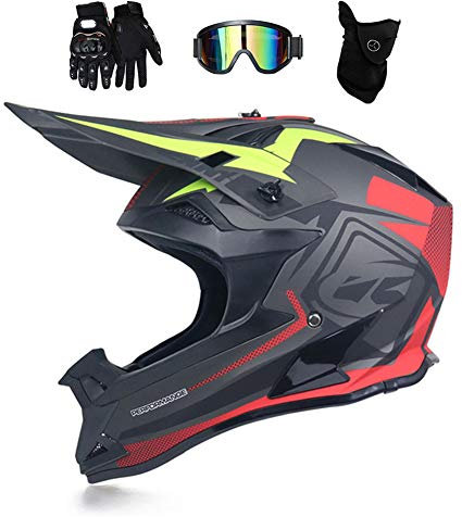 Casco da Cross Nero Rosso Casco Motocross Adulto con Occhiali/ Guanti/ Mascherina, Casco Integrale MTB Enduro Donna Uomo per Downhill Moto Motociclista Off-road Scooter Sport,M