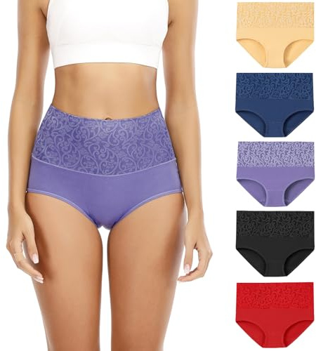 Senllori Donne Vita Alta Cotone Intima Tummy Controllo Slip Signore Morbido Copertura Completa Mutandine 5 Pack Multicolore Taglia S