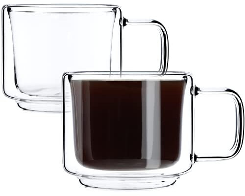 KADAX Juego de 2 vasos de doble pared, 200 ml, de vidrio de borosilicato con asa y efecto flotante, para café, té, zumo, agua y más