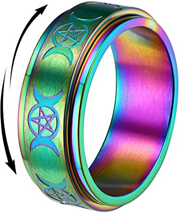 FindChic Giratorio Lunas Estrellas Anillo Fidget Alivio de Ansiedad Sortija Anillo Anti Estres Acero Inoxidable, Coloridos Talla 32.5 (72.2mm)