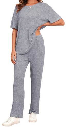 Famulily Ribbed Clothes Sets for Women Oversized Short Sleeve Tops and Wide Leg Trousers with Pockets, 2 Piece Outfits Tracksuits Loungewear Sleepwear