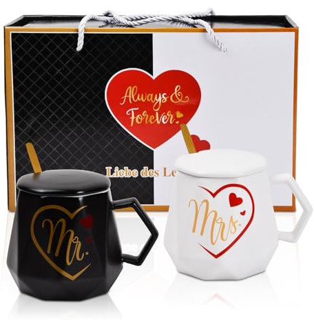 Wisebom Mr e Mrs Tazze di Ceramica Tazze da Caffè Mr E Mrs Coppia Regalo per Coppie per Matrimonio Anniversario Tazzine Tazze da Caffè Mr e Mrs Coppia Set Regalo con Coperchi e Cucchiaini