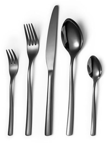 Opolia Besteck Set für 6 Personen, Essbesteck Set 30 teilig aus Edelstahl, Gabel Messer Löffel set, SpüLmaschinenfest, HochglanzPoliert- Schwarz