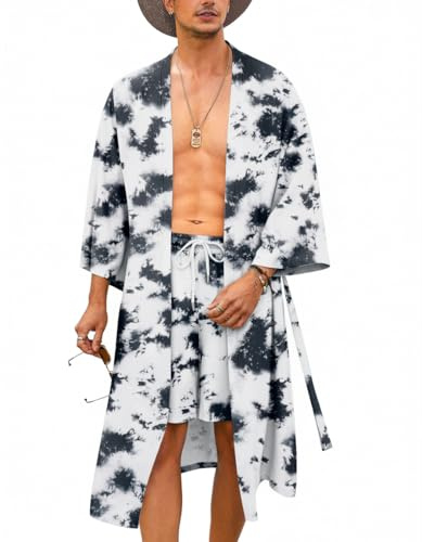 COOFANDY Men Lightweight 2 Piece Kimono Robe with Shorts Japanese Robes Casual Open Front Long Cardigan With Belt, White(tie Dye), Medium