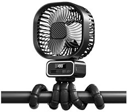 Ventilador Portátil para Carrito Bebe con 10000mAh, 3 velocidades Ventilador Recargable con Rotación de 270°, Ventilador USB Silencioso con Soporte Extraíble y LED para Carrito Bebe, Cunas, Negro