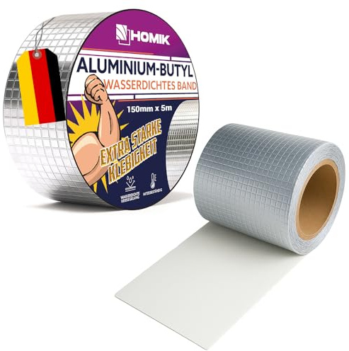 HOMIK Extremt stark UV-resistent aluminium butylband vattentät utomhus och inomhus | tätningstejp, vattentät 15 cm x 5 m | takreparationstejp | självhäftande taktätning
