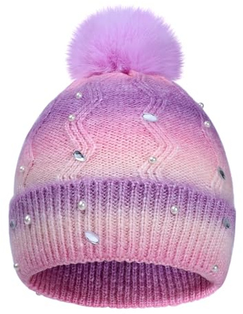 BAOPLAYKIDS Kids Toddler Winter Hat with Pom Pom, Pearl Rhinestones Teen Beanie Hats for Girls Boys, Cute Warm Knit Beanies Cap for Age 3-12 Rainbow Pink Purple 7-12 Years