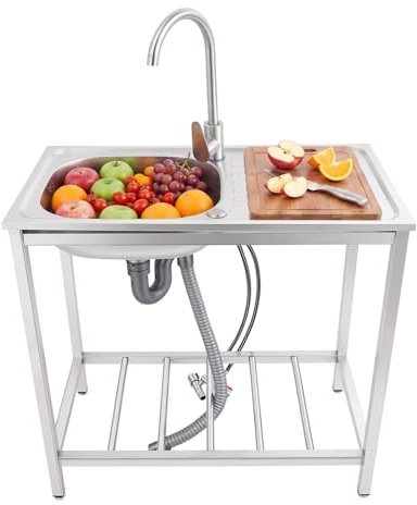 OUBUBY utomhus handfat fristående tvättställ, 1 handfat mobilt handfat med varm- och kallvattenkran & underskåp, rostfritt stål diskbänk för restauranger, kaféer, garage (75 × 40 × 75 cm)