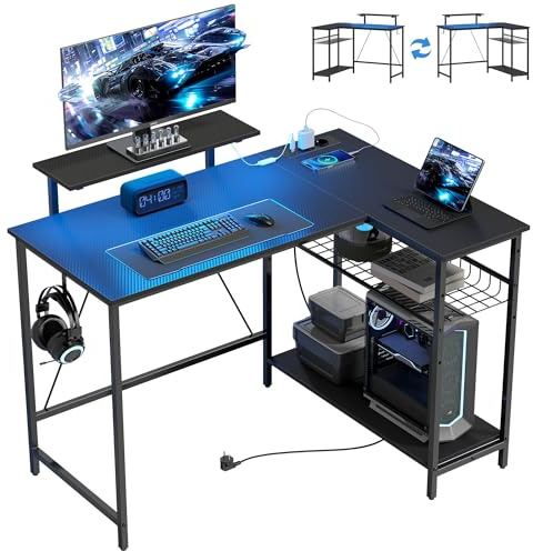 HOMCOM Scrivania Gaming Reversibile ad L con LED, Prese Elettriche, 114.5x82cm Scrivania Angolare con Supporto per Monitor e Ripiani Regolabili a Rete, Postazione Gaming per Casa Ufficio Studio, Nero