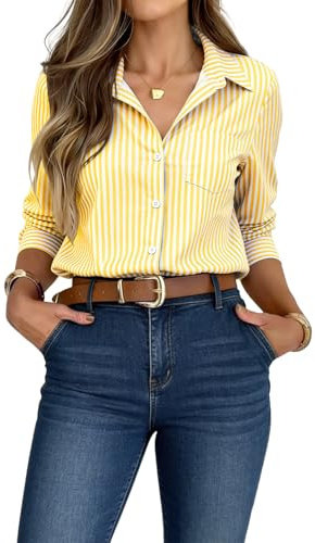 crazy bean Camicia Donna Manica Lunga Camicetta Bluse a Righe Elegante da Lavoro con Bottoni Copricostume Mare Casual Giallo L