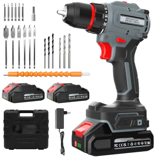 Taladro Percutor a Bateria Sin Escobillas,55 Nm Máx,21V Taladro Atornillador Batería con 2 Baterías 2.0Ah compatible con Makita 18V, 20+1 Par, 2 marchas, luz LED, para reparación y bricolaje