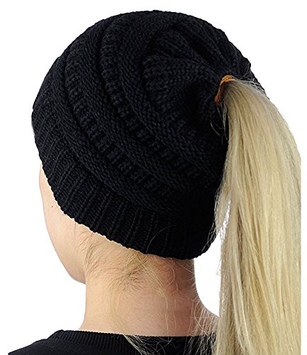 Boolavard BeanieTail Soft Stretch Cable Knit Messy High Bun Ponytail Beanie Hat Cappello (Nero)