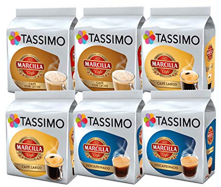 Tassimo Marcilla Cortado / Café Largo / Decaff Cápsulas de Café (Paquete de 6, 96 Bebidas)