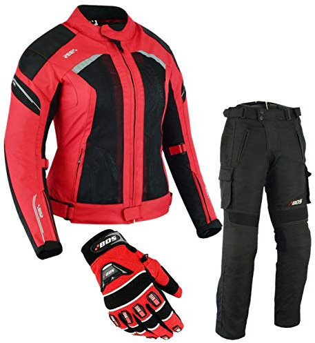 BOSmoto DAMEN MOTORRADKOMBI JACKE + HOSE + HANDSCHUHEN - BIKE MOTORRAD ROCKER TOURING in verschiedenen farben (L, Rot)