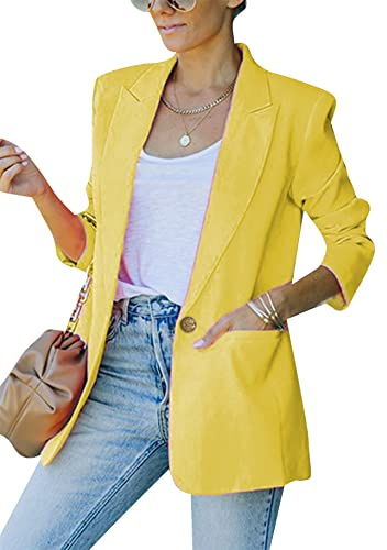 YMING Femmes Lange Vorne Blazer Ouvert Élégant Longarm Anzug Revers Business Anzugjacke Büro Anzug Jacke Jaune XL