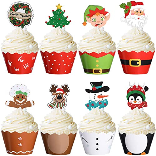 96 Piezas Toppers Decoración de Pastel, Hombres de Pan de Jengibre Santa Claus Muñeco de Nieve Reno Elfo Pingüino árbol de Navidad Guirnalda de Navidad