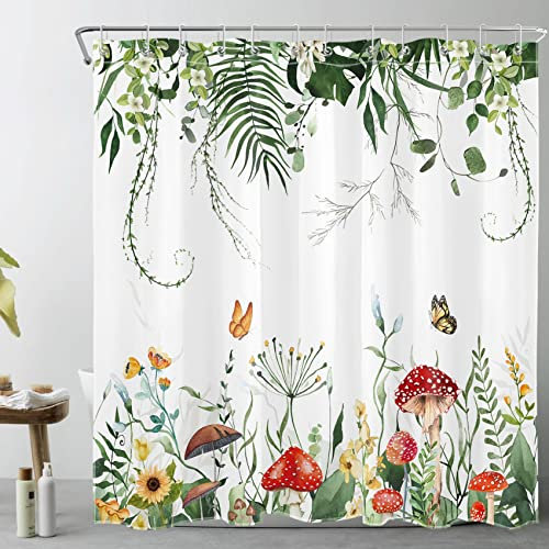 LB Salbeigrüne Pflanze Duschvorhang Rot Pilz Orange Schmetterling Gelbe Blumen Duschvorhang-Set Eukalyptusblatt Duschvorhänge für Badezimmer Wasserdicht Waschbarer Stoff mit Haken, 182,9 x 182,9 cm