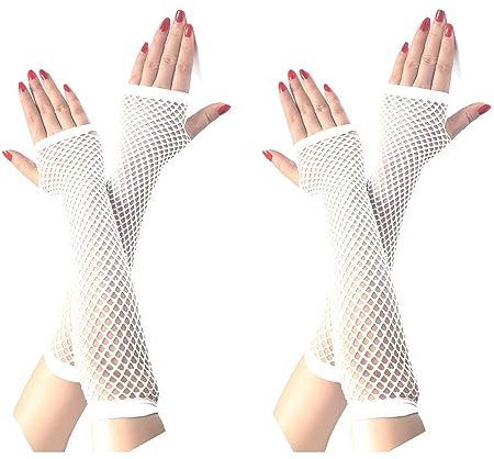 COSFAN 2 Paar Lange Netzhandschuhe, Damen Fingerlose Mesh Handschuhe, Mädchen Hohle Handschuhe für 80er Jahre Kostüm Tanz Party (Weiß)