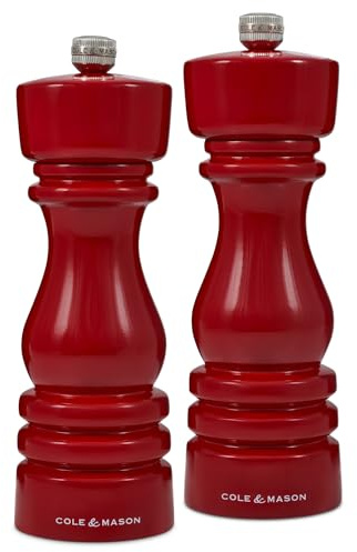Cole & Mason London Red Gloss Salt and Pepper Mill Set, Precision+ Carbon/Ceramic Mechanisms, Salt and Pepper Grinders with Adjustable Grind, Beech Wood, 180mm, Gift Set