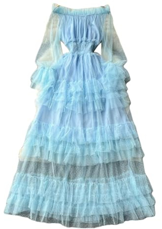 Inzegao Maxi abito da donna in rete con volant in vita elasticizzata senza spalle velate a maniche lunghe in tulle per feste di nozze, Azzurro chiaro, Taglia Unica