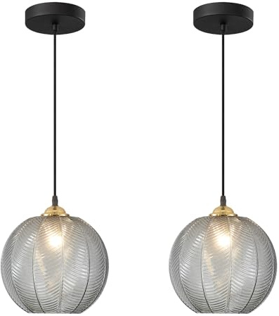 KCO Belysning Enkel Rök Glas Hängande Ljuskrona Ljus Svart Stor Klot Taklampa Vintage Ribbat Glas Hänge Belysning Bondgård Spolmontering Hängande Ljusarmatur 2-pack, L1146-SG-2PC