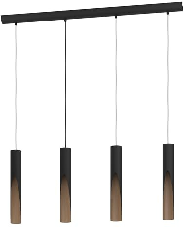 Eglo Barbotto Lampada LED a sospensione a 4 luci, da appendere sopra il tavolo da pranzo con illuminazione indiretta, in metallo nero e aspetto in legno, GU10, luce bianca calda, certificazione FSC