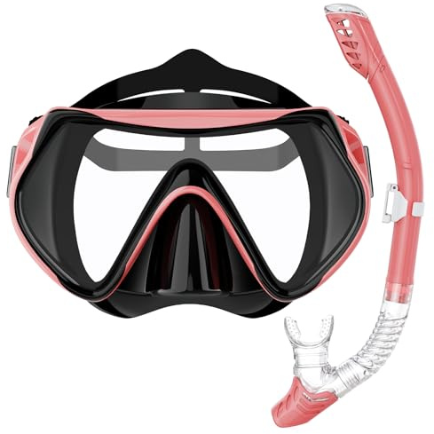 BuyCard Snorkel Mask,180 Degree Panoramic View Dry Top Snorkeling Gear，Safe Anti-Leak Anti-Fog Diving Mask, Snorkel Set and Swimming Goggles (Pink, (Adults))