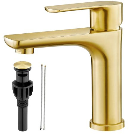ubeegol Waschtischarmatur Einhebelmischer Wasserhahn Armatur Bad für Waschbecken mit Ablaufgarnitur, Waschbeckenarmatur Hochdruckarmatur Badarmatur aus Edelstahl, gebürstet Gold