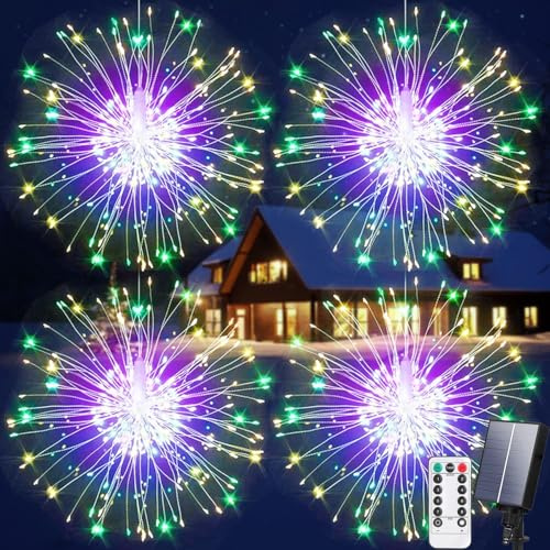 Aofonchy 4 luces solares de jardín de fuegos artificiales, 600 LED colgantes, cadena de hadas de diente de león con 8 modos, impermeable, decorativa, estallido de estrellas para patio, boda, Navidad
