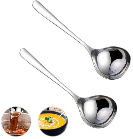 Alriedy 2 Stück Soßenlöffel, Edelstahl Saucenlöffel, 19cm und 17cm, Multifunktional Soßenkelle für Suppen, Saucen und Soßen, Spülmaschinenfest, Küchenwerkzeug