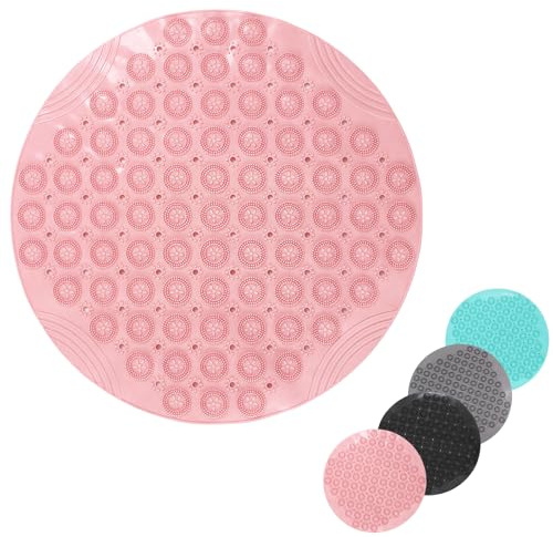 Duschbadmatta 53 x 53 cm, extra rund duschmatta anti-mögel badmattor rosa, halkfri badmatta för badkar, duschmattor med sugkoppar, dräneringshål, maskintvättbart badrum badkar för barn, äldre