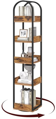 MAHANCRIS Scaffale Girevole 5 Ripiani con Pannelli di Protezione, Libreria Angolare, Libreria a Colonna, Scaffale Portaoggetti da Pavimento, Espositore per Soggiorno Studio Ufficio, Marrone Vintage