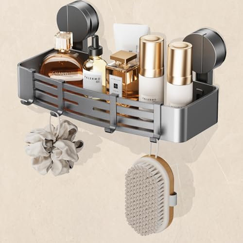 FERCOSEN Saugnapf-Duschablage ohne Bohren | 4 Haken, 32 cm Länge, 10 kg Tragfähigkeit, 1-Minuten-Installation | Abnehmbare und rostfreie Shampoo-Halterung für Dusche