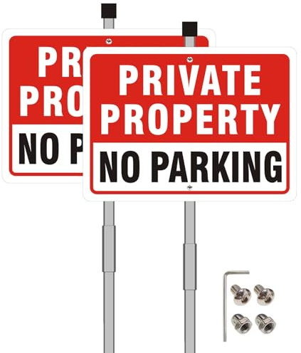 Acuxiaza 2 Pcs No Parking Sign with Stake 30x20cm Aluminum Private Property No Parking Sign, Metal Reflective, Waterproof, UV Protection, Rust Resistant