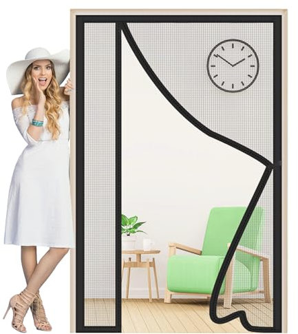 Side Opening Magnetic Screen Door 80x200cm Reversible Left Right Side Opening Durable Reinforced Mesh Curtain Magnetic Automatical Closure for Living Room Balcony Customizable Black