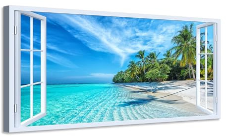 Generico Quadro finestra Spiaggia Tropicale - Stampa su tela con telaio in legno - 120x60 cm