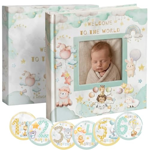 MATIVAL Baby Memory Book and Baby Keepsake Box - First Year Photo Album for Baby Boy or Girl - Fits 4x6 Photos - Includes 12 Baby Milestone Stickers - Gender Neutral Scrapbook Journal