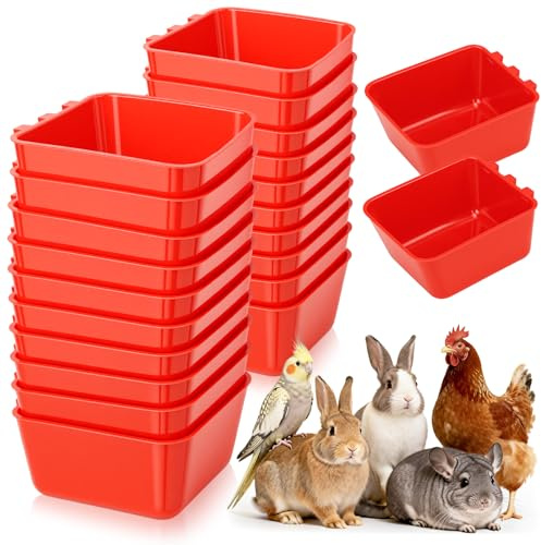 Paquete de 20 platos de alimentación para aves de corral, cuencos de agua para pollos, recipientes para bebidas de animales pequeños, para gallineros, patos, color rojo, 12,5 x 9,5 x 6 cm
