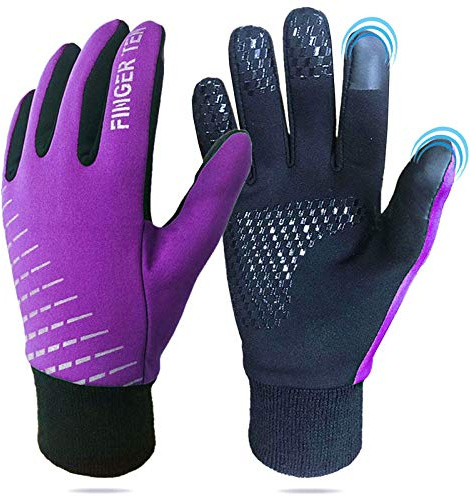 Kids Cycling Gloves Winter Full Finger Warm Touchscreen Running, Boys Girls Glove Grip Liner Thermal for Gardening School Sport Waterproof Anti-Slip (Purple, XS)