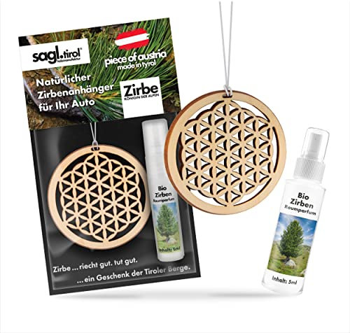 sagl.tirol Auto Duft aus Zirben Holz [100% Bio] inkl. Zirben Raum Parfüm 5ml I verschiedene Motive I natürlicher Auto Duftbaum I Auto Duft Innenraum I Auto Lufterfrischer I Autoduft I Blume des Lebens