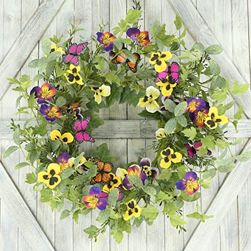 Künstlicher Frühlings- und Sommerkranz mit Stiefmütterchen-Blume, künstlicher Schmetterling, Eukalyptusblätter, Efeublätter, Farn für Haustür, Innen- und Außenbereich, Bauernhaus, Zuhause, Wand,