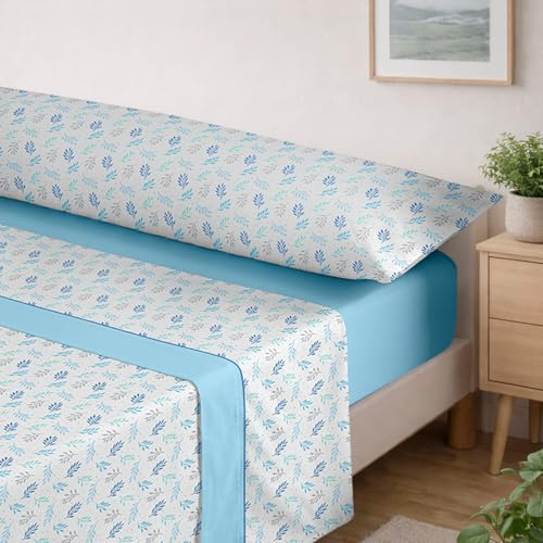 MERCURY TEXTIL- Juego de sábanas de Verano y Entretiempo Estampadas. Ropa de Cama Juego de 3 Piezas, 100% Microfibra. Modernas, Tacto Fino y Suave (Hojas Azul, Cama 135)