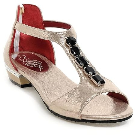 JIEEME Sandalias de mujer Peeptoe Cremallera Tacón bloque Tacón bajo Cristales Zapatos casuales Mujer más tamaño z2271, dorado, 46 EU