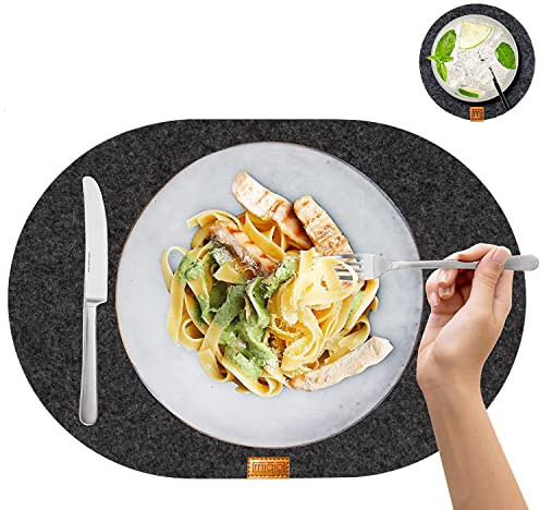 MIQIO® Lot de 12 Sets de Table ovales en Feutre Durable de qualité supérieure - Certifié Ökotex - en Bouteilles Pet 100% recyclées - 44 x 29 cm - 6 Dessous de Verre lavables + 6 Dessous de Verre