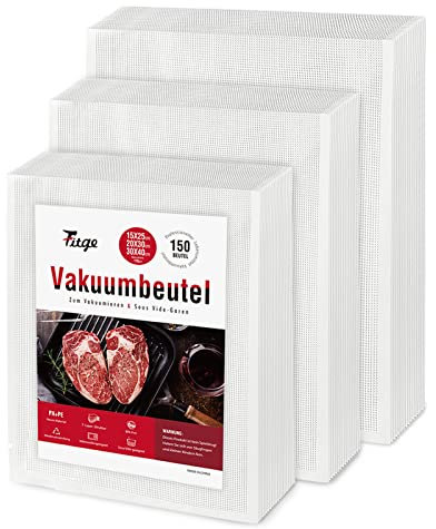 Fitge Vakuumierbeutel 170µm 15x25cm+20x30cm +30x40cm 150 Beutel für alle Vakuumiergeräte Vakuumbeutel für Lebensmittel BPA-frei stark & reißfest Profi Vakuumierfolie Sous Vide Gefrierbeutel