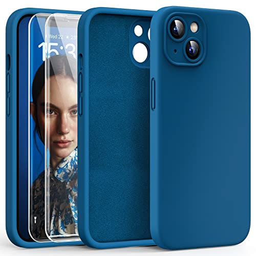 HATOSHI 3-in-1 iPhone 13 Hülle mit 2 Stück Schutzglas, Flüssig Silikon Anti-Rutsch Kratzfestes Stoßfest Handyhülle iPhone 13 Schutzhüll, Mitternachtsblau