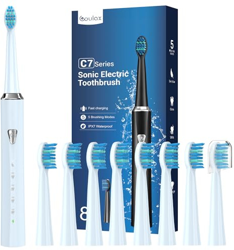 Brosse À Dent Électrique Sonique avec 8 Têtes - Brosse À Dents Sonique pour Adultes et Enfant, 5 Modes, Étanche IPX7, Brosses à Dents Ultrasoniques Famille et Voyager, Brosses À Dents Bleu Clair